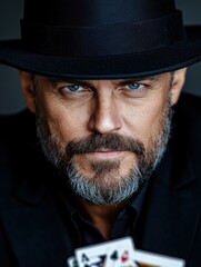 Mysterious male magician showcases card tricks with an intense gaze and striking attire on a white background