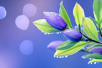 Close-up view of magnolia buds ready to bloom, glistening with morning dew in soft lavender and...