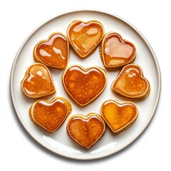 Fluffy pancakes topped with heart-shaped syrup on a white background, isolated as PNG