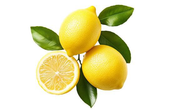 Whole and half yellow lemons with vibrant green leaves isolated on white transparent background, representing freshness and citrus fruits