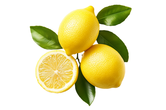 Whole and half yellow lemons with vibrant green leaves isolated on white transparent background, representing freshness and citrus fruits