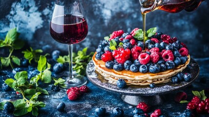 The fluffy, buttery pancakes are complemented by a generous pour of sweet maple syrup