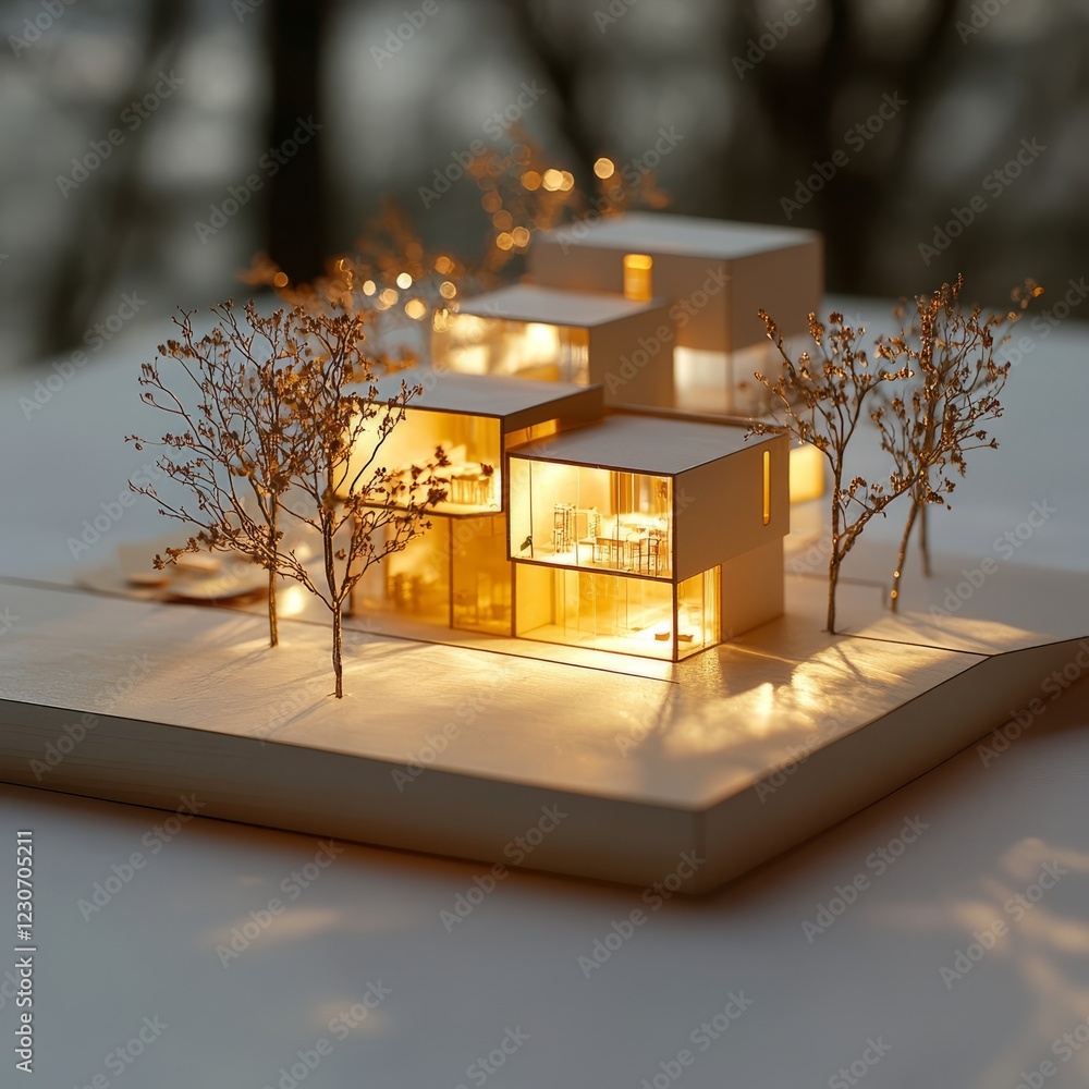 Poster a detailed architectural model showcasing modern design with glowing interiors, surrounded by minima
