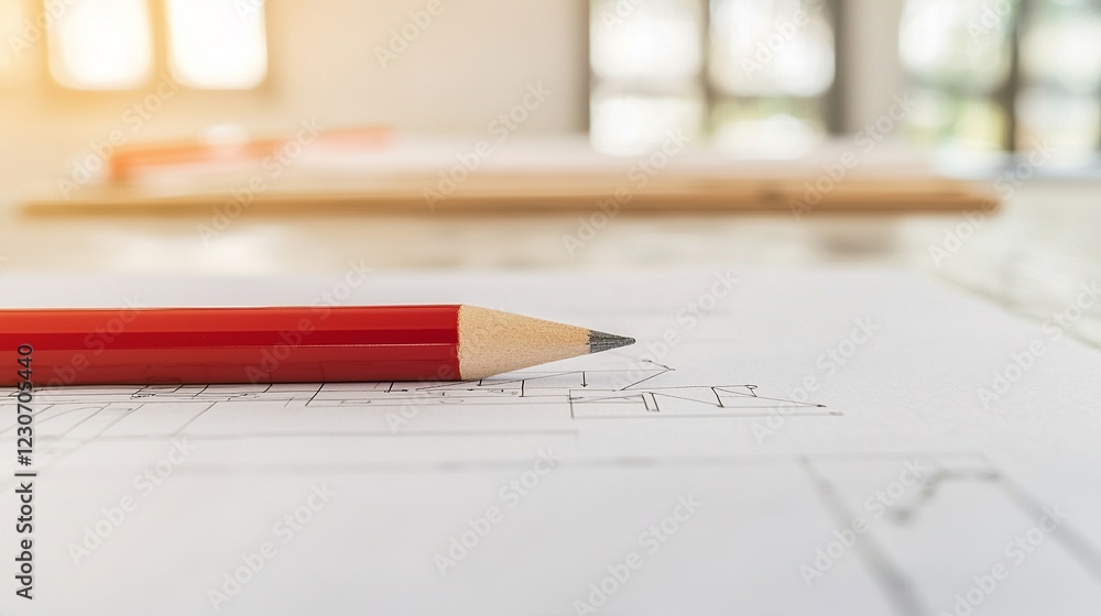 Poster seo keywords and conversion. red pencil resting on sketch paper, with sunlight filtering through win
