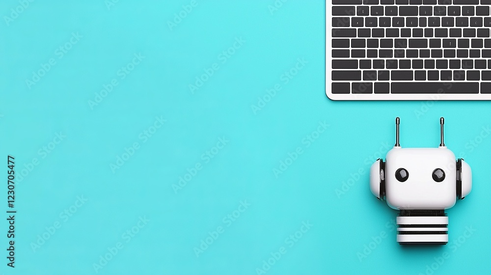 Poster seo keywords and conversion. robot with headphones beside a keyboard on a turquoise background.