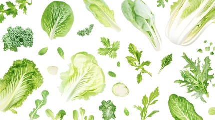 Assorted green leafy vegetables and herbs falling on white background.