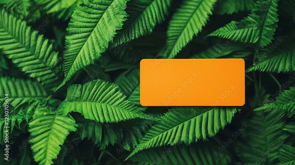 Poster seo keywords and conversion. lush green ferns with a vibrant orange rectangular element.