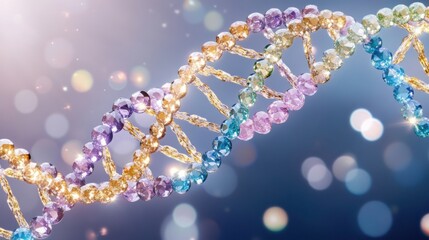Colorful gemstones create a luxurious DNA strand intertwined with golden threads against a dark gradient background