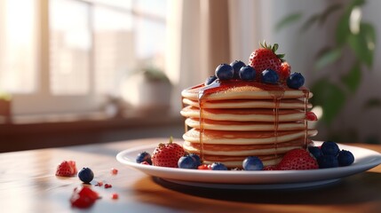 Enjoy a stack of crispy pancakes infused with maple syrup, garnished with fresh berries and a dollop of cream