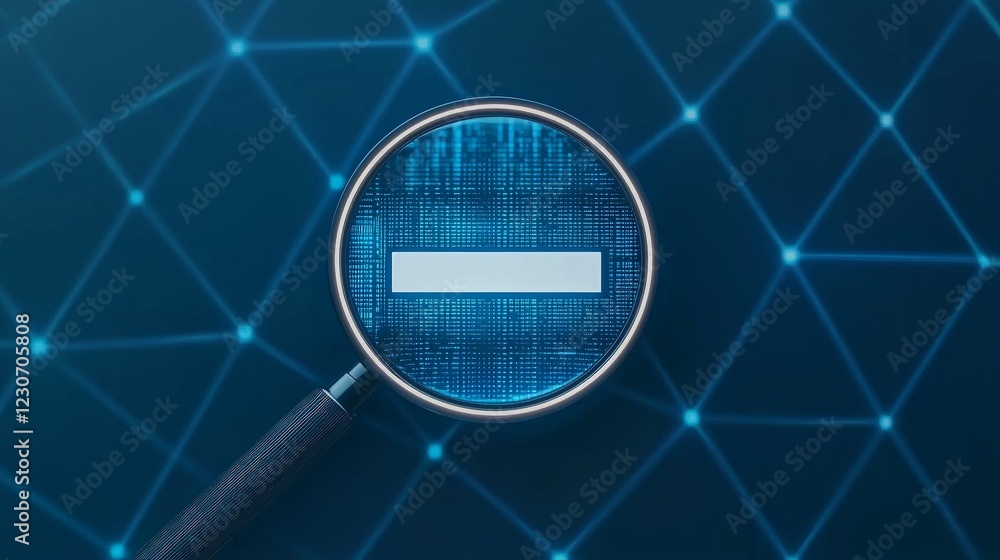 Poster seo keywords and conversion. magnifying glass over a digital network symbolizing analysis and data i