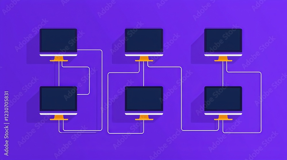 Poster seo keywords and conversion. network of computers connected with cables on a purple background.