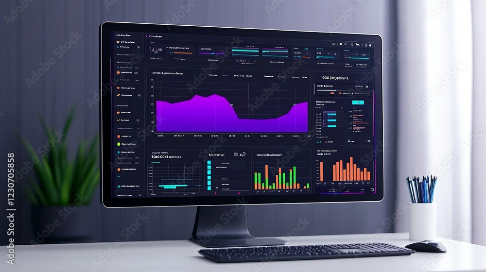 Poster seo keywords and conversion. modern monitor displaying vibrant data analytics and a plant in the bac