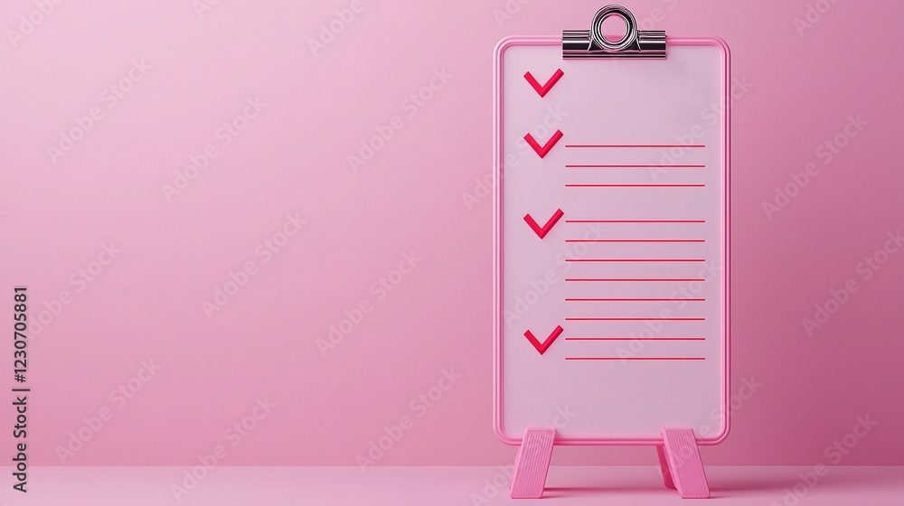 Poster seo keywords and conversion. pink checklist with checkmarks on a pastel background.