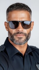 Obraz premium Serious black male police officer wearing sunglasses poses against a white background for stock photography