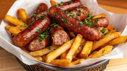 A basket filled with fried sausages and crispy fries, garnished with parsley.