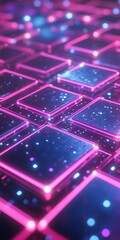 Fototapeta premium Futuristic Neon Grid with Glowing Squares and Digital Particles in a Vibrant Abstract Background