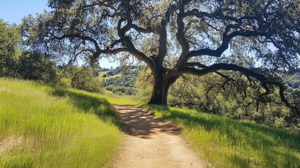Obraz premium A big tree providing a canopy of shade over a grassy path.