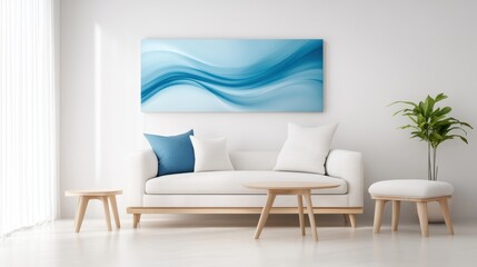 A serene minimalist living room featuring a comfortable sofa, stylish decor, and a stunning piece of blue abstract art that enhances the calming atmosphere of the space.