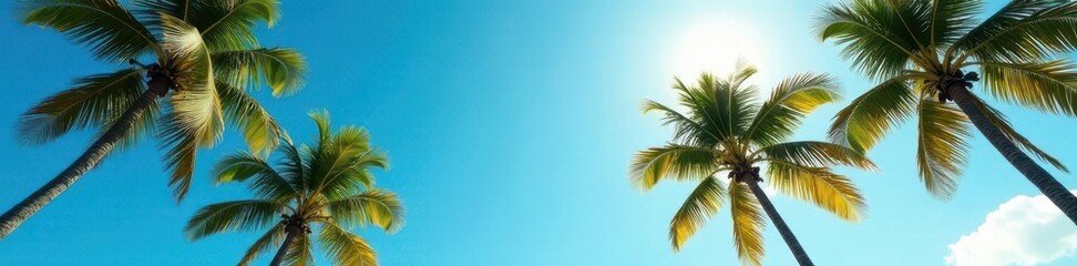 Sun-drenched palm trees sway gently against a vibrant blue sky , sky, leaves, beach