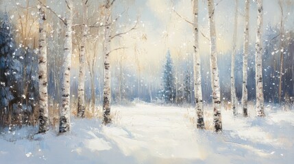 Obraz premium A Snowy Birch Forest Winter Landscape Painting