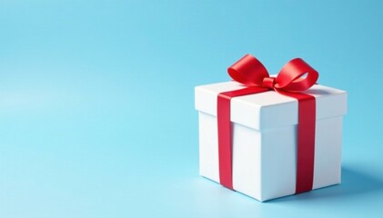 Fototapeta premium White gift box with ribbon on blue sky background, gift box, white, sky