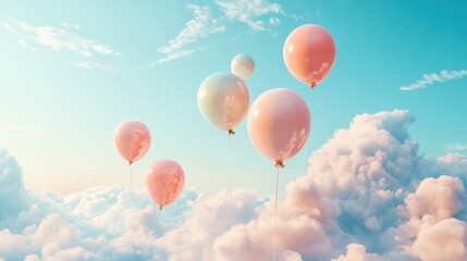 Pastel Balloons Float Amongst Fluffy Clouds