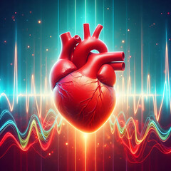 Human heart with red cardio pulse line. World heart day concept. Low poly style design. Abstract blue geometric background. Wireframe light connection structure. Modern blue 3d graphic. Vector.
