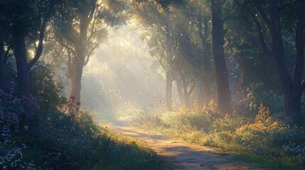 Obraz premium Sunlit path through a misty, floral forest.