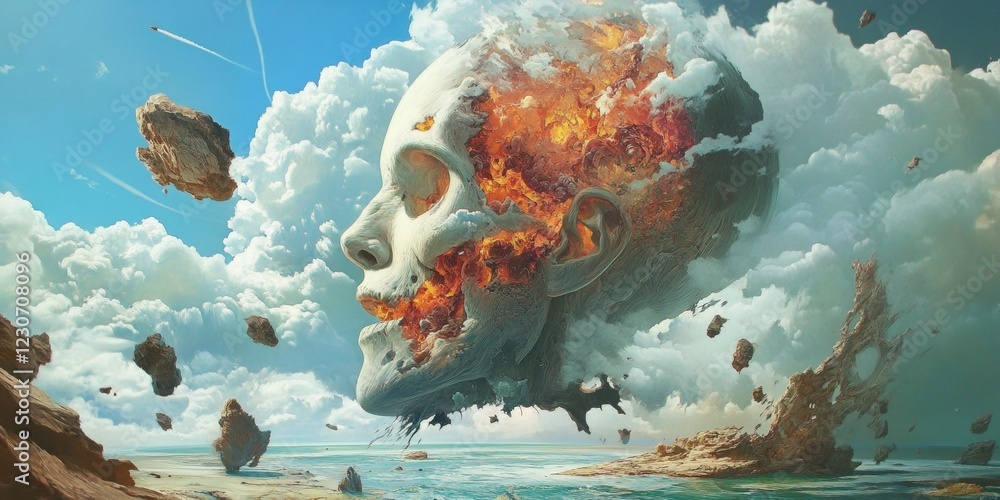 Poster a skull is floating in the air above a rocky beach. the skull is surrounded by a cloud of debris, in