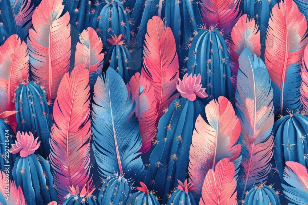 Poster vector feathers and cactus seamless pattern