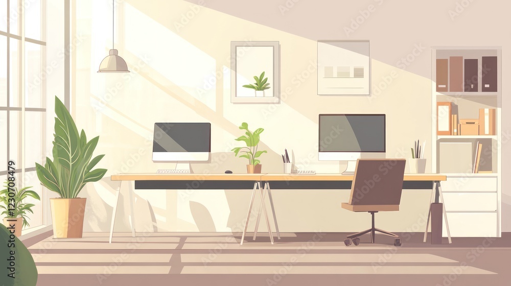 Poster Sunlit Modern Office Workspace With Two Computers
