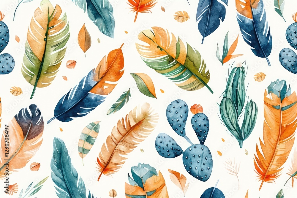 Aufkleber vector feathers and cactus seamless pattern
