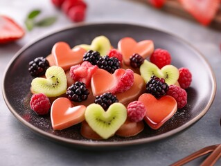 Fresh raspberries, blueberries, and peach slices surround a plate of heart-shaped pancakes drenched in strawberry syrup on a rustic table