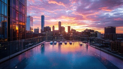 Obraz premium Rooftop pool with city skyline at sunset.