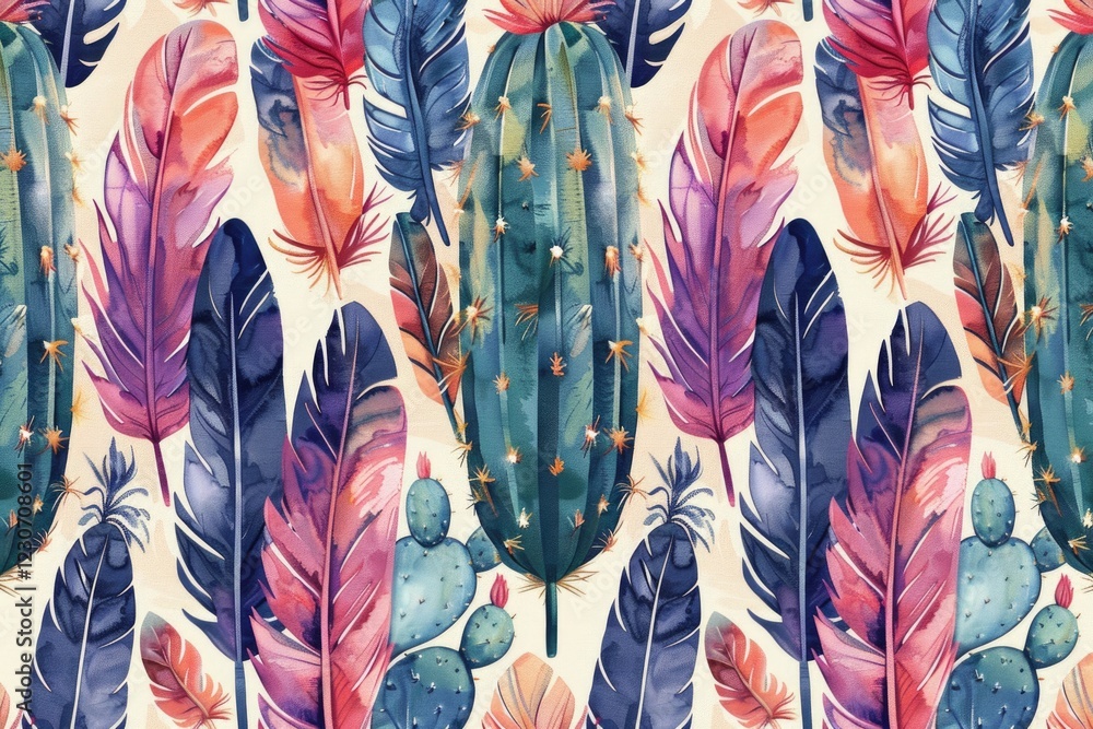 Poster vector feathers and cactus seamless pattern