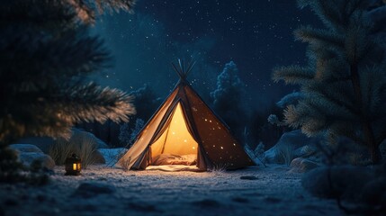 A cozy sleeping tent set up under a starry night sky with a soft glow from a lantern inside.