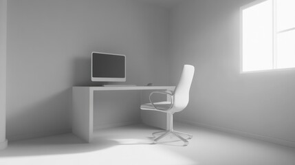 Minimalist White Office Workspace With Computer And Chair