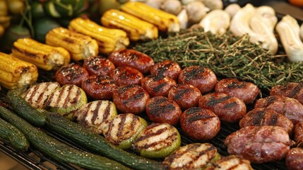 Obraz premium A delicious spread featuring fried sausages with grilled vegetables.