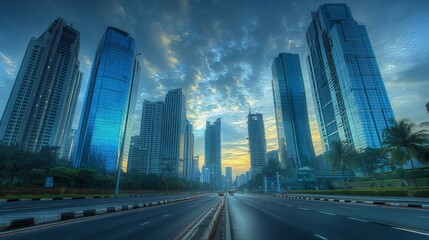 Fototapeta premium A morning stroll beneath Jakarta's towering blue skyscrapers, a symphony of modern architecture reaching towards the heavens. 