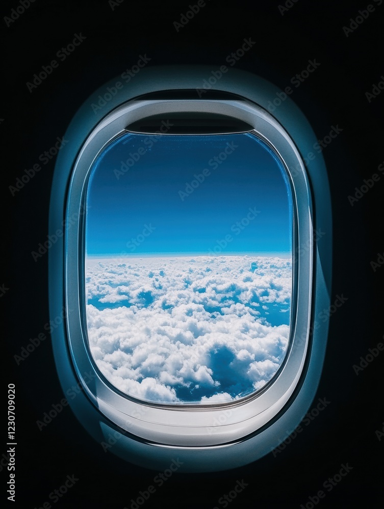 Poster airplane wing above fluffy clouds with bright blue sky visible through the window on a clear day. ge