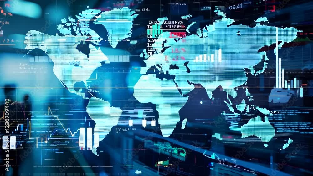Aufkleber business finance background. computer screen shows world map with blue background and a lot of numbe