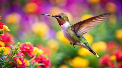 Naklejka premium Beautiful hummingbird in mid-flight among vibrant flowers, petal, blossom, petal, blossom, garden, flight, insects