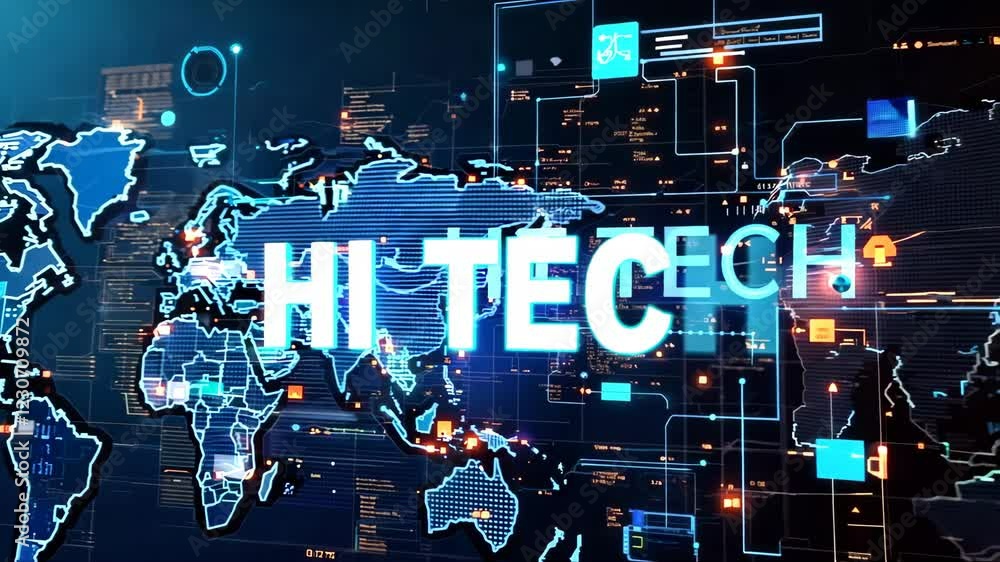 Poster business finance background. blue and orange screen with the word hitech written in white. the image