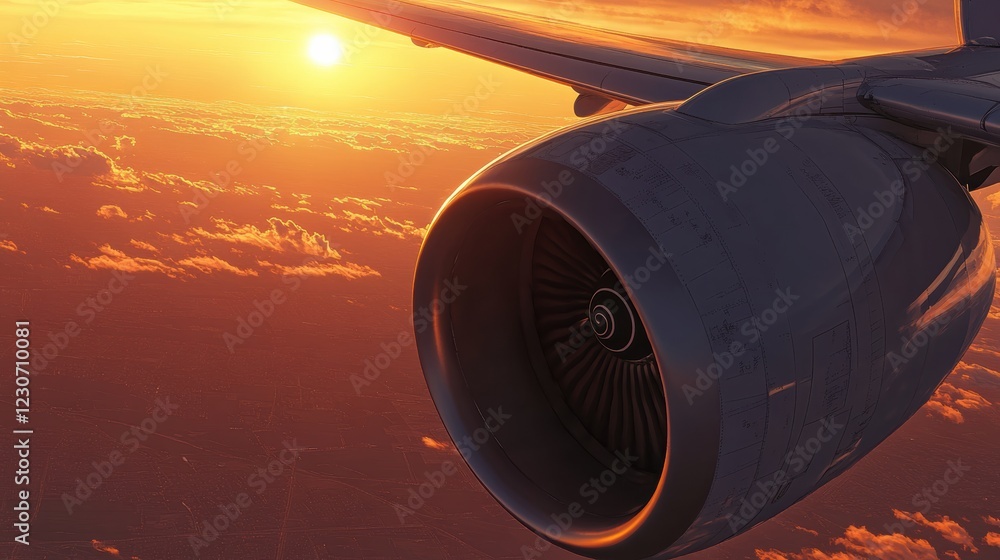 Poster beautiful sunset over clouds with airplane wing and engine in view. generative ai