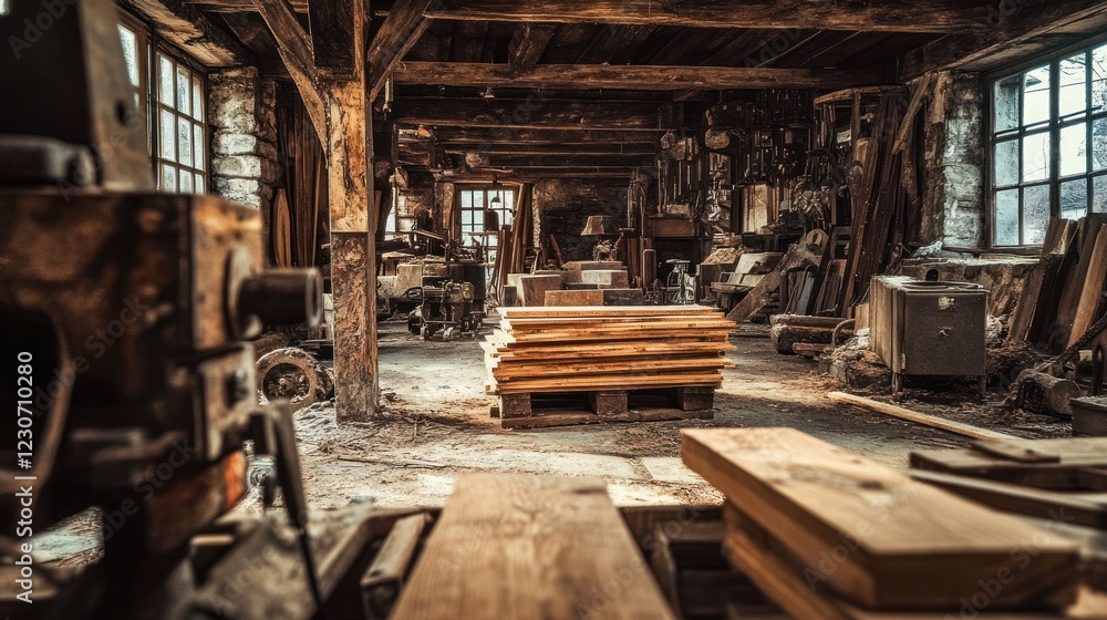 Poster A Rustic Old Woodworking Workshop Filled With Tools And Lumber