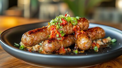 A gourmet dish with fried sausages drizzled with a tangy glaze.