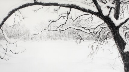 Snow-covered winter landscape, tree branches arching over snowy field, background blurry, ideal for winter cards