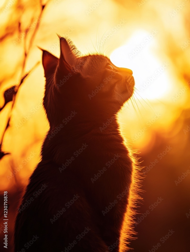 Poster silhouette of a cat at sunset with warm golden light creating a serene and tranquil atmosphere. gene