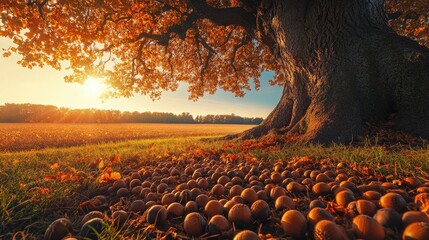 A huge oak tree with acorns scattered around its base in late summer.