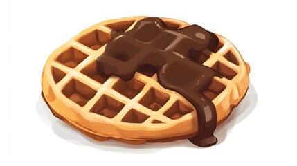 A golden waffle generously topped with rich chocolate sauce.